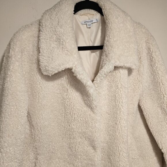 Chicos Shearling Teddy Coat Sz 3.5 US 18 English Cream White Faux Fur Peacoat - Picture 2 of 13